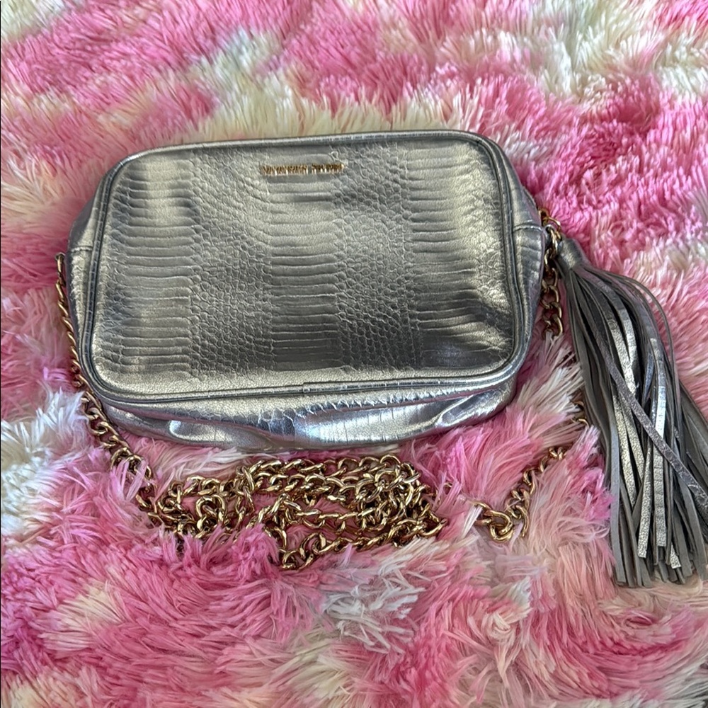 Victoria's Secret Metallic Silver Crossbody Bag with Gold Chain